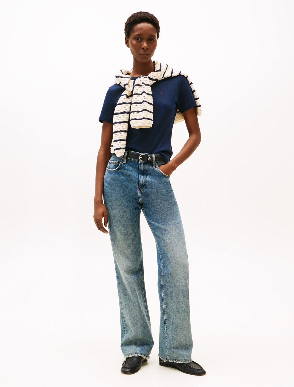 Flag Embroidery Ribbed Slim T-Shirt, Dark Blue, hi-res