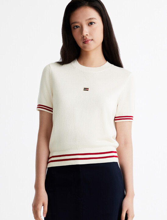 Crewneck Short Sleeve Sweater, Ivory Petal Crewneck Short Sleeve Sweater