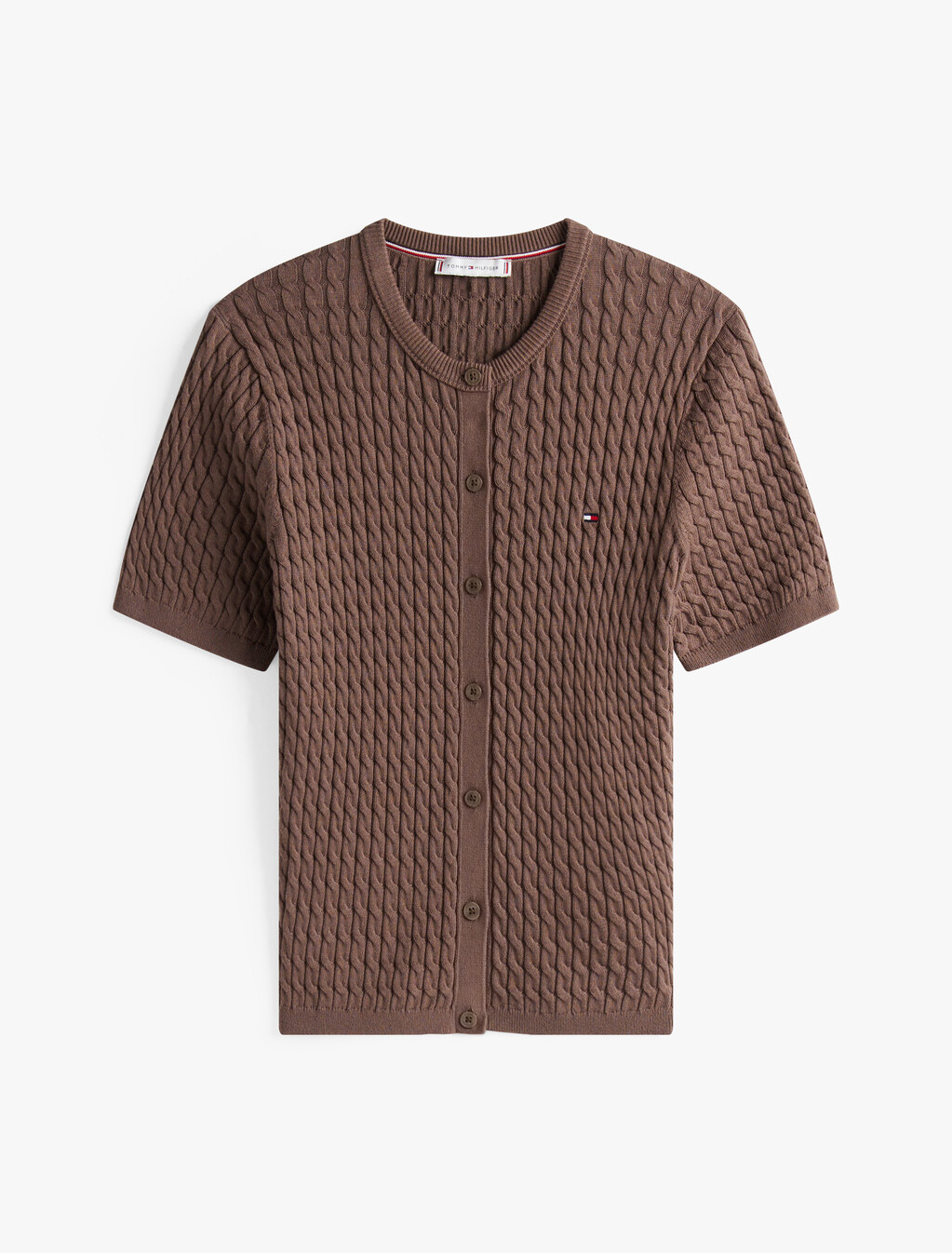 Cable Knit Round Neck Cardigan, Hot Coco, hi-res