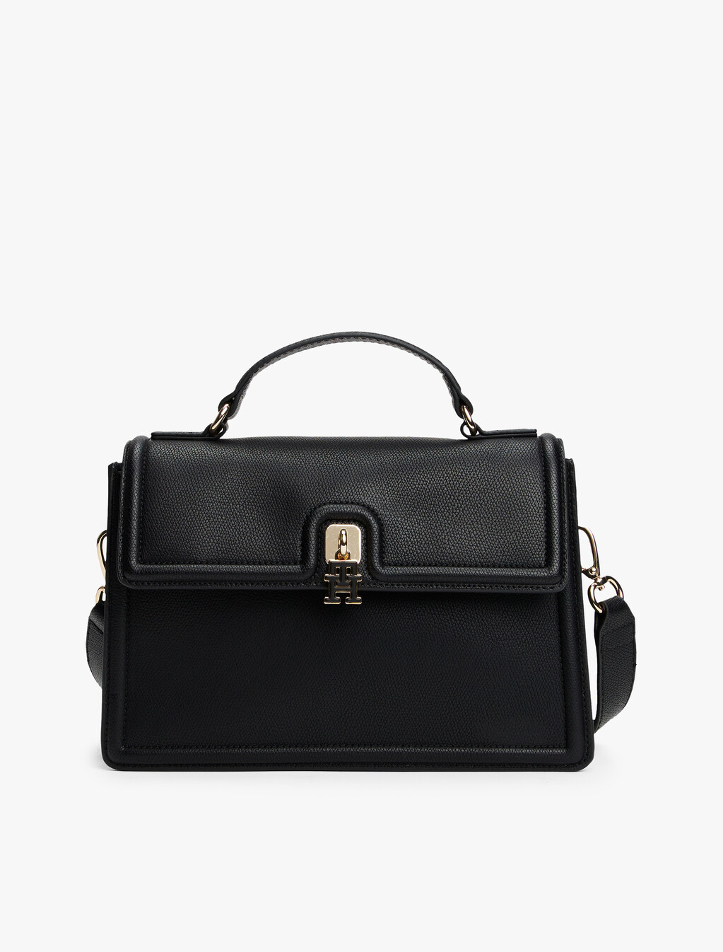 Turn Lock Crossbody Satchel, Black, hi-res