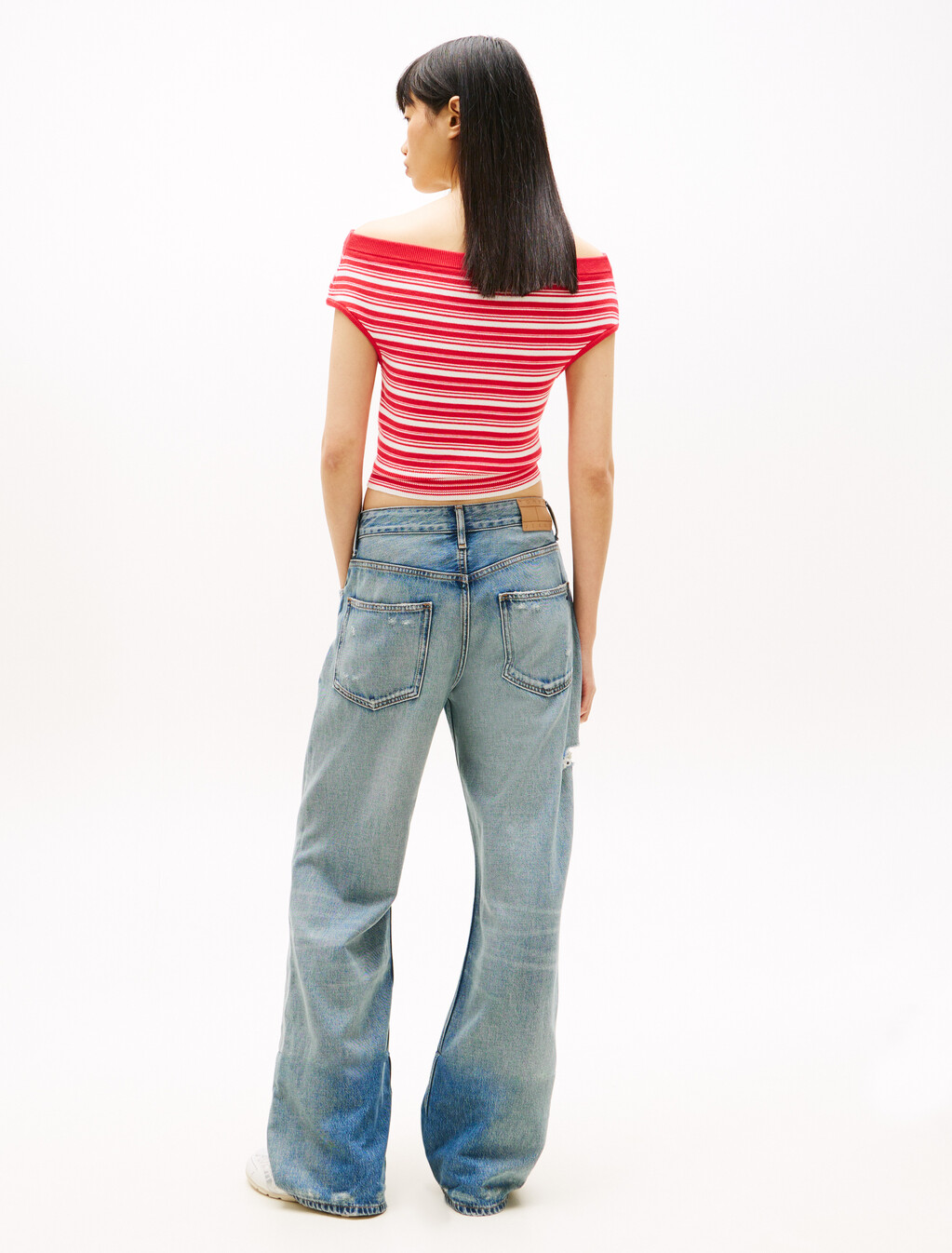 Stripe Off-The-Shoulder Slim Jumper, Red Alert, hi-res