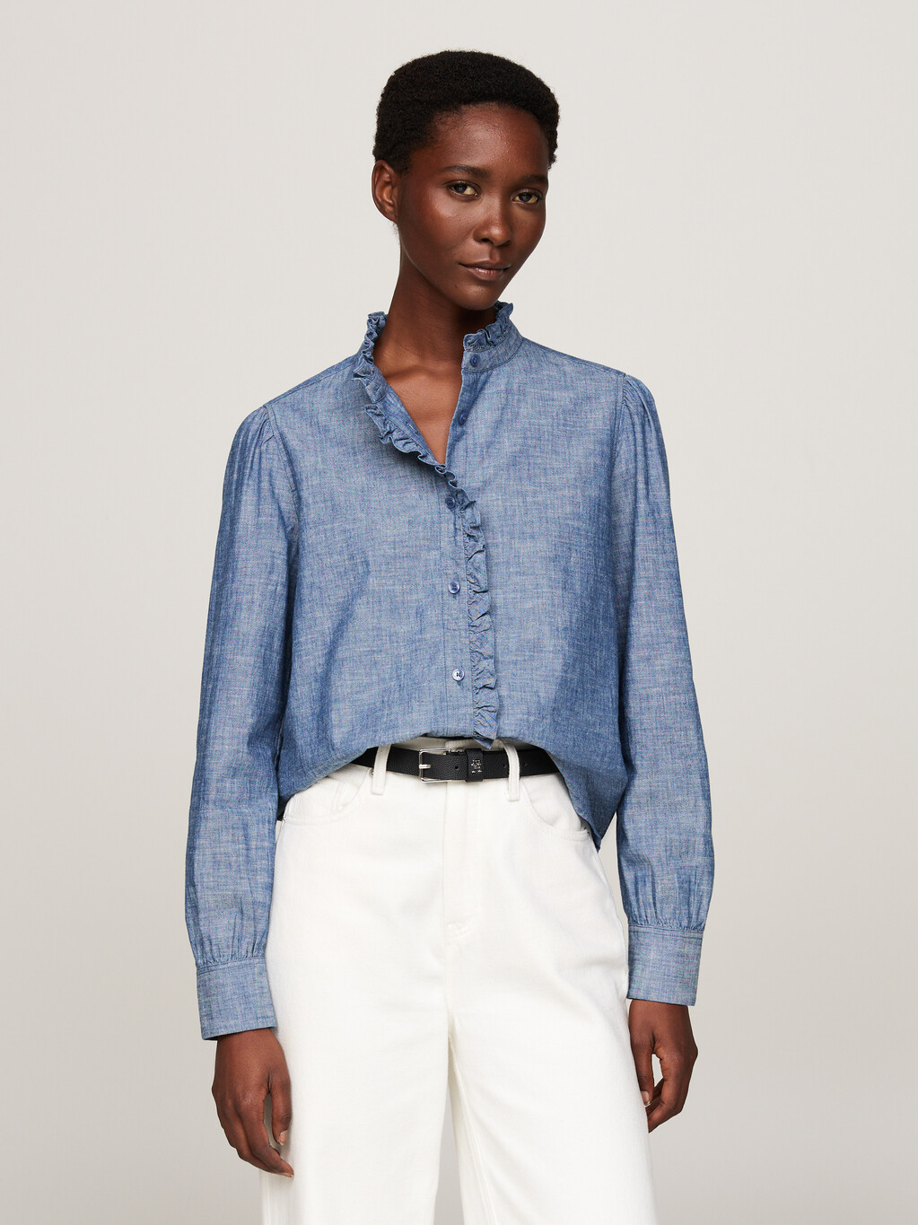 Ruffle Relaxed Chambray Shirt, Mid Blue Chambray, hi-res