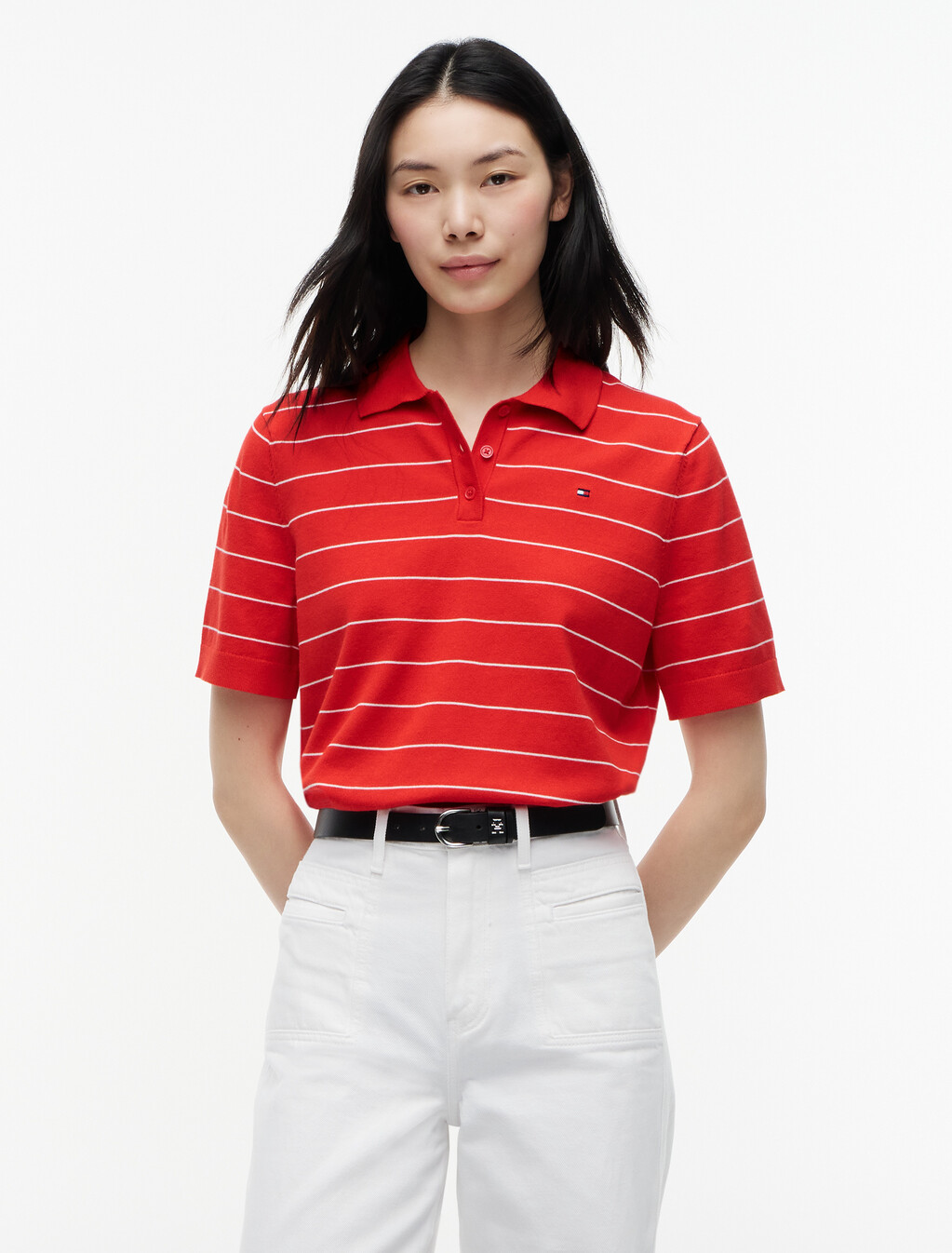 Flag Embroidery Knit Boxy Polo Jumper, Fire Red /Ivory Petal Stp, hi-res