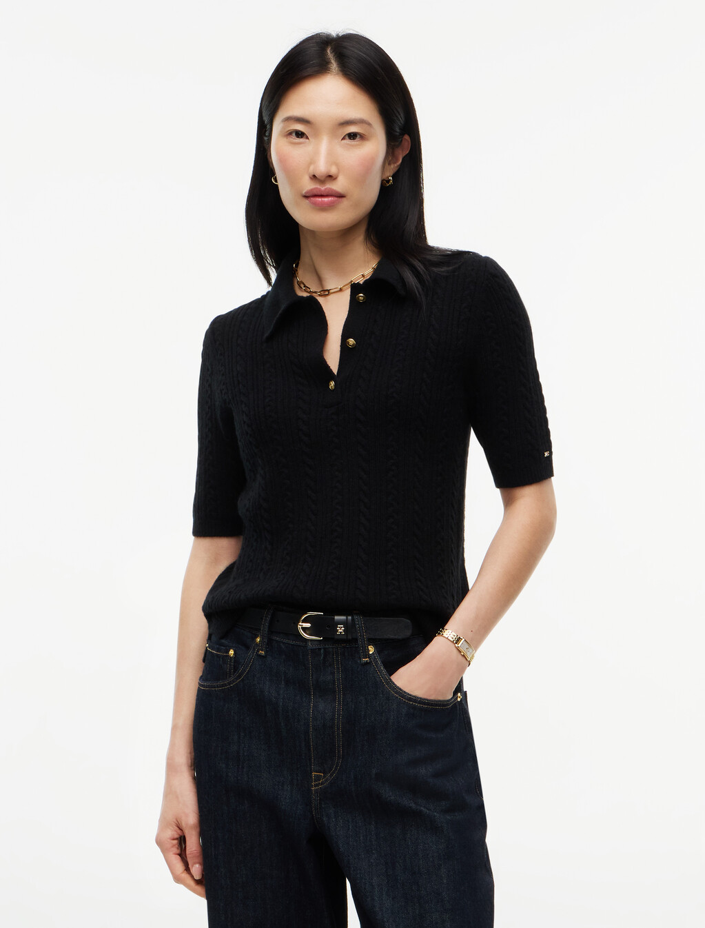Cable Knit Gold-Tone Button Polo Jumper, Black, hi-res