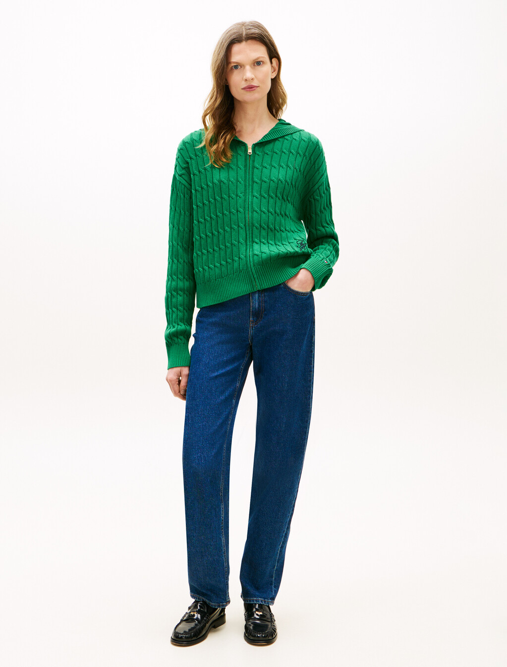 Cable Knit Zip Thru Hoodie, Nouveau Green, hi-res