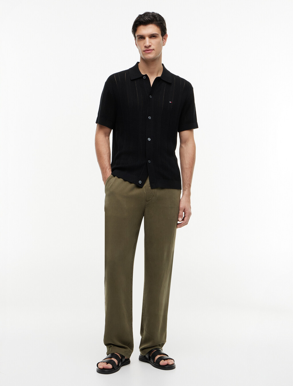 Relaxed Pointelle Short Sleeve Shirt With Linen, Black Heather, hi-res