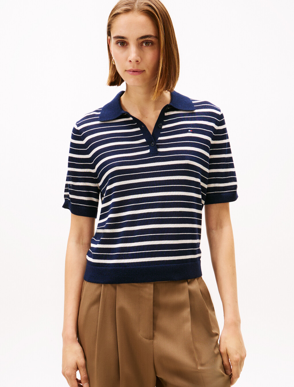 Short Sleeve Polo Jumper With Silk, Dark Night Navy/Calico Multi Stp, hi-res