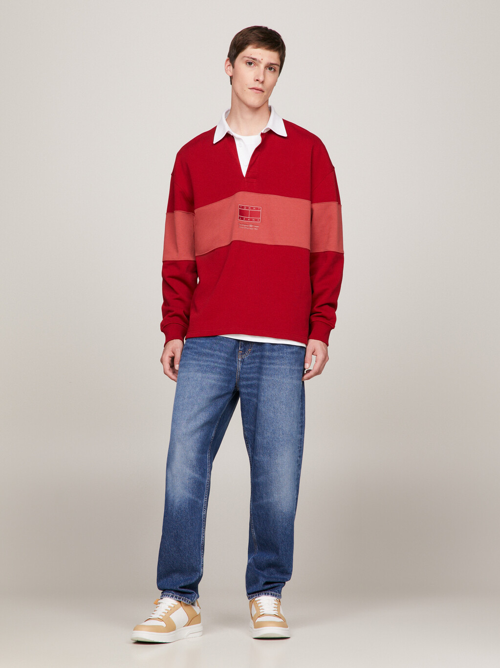 Tonal Panel Relaxed Rugby Shirt, Magma Red, hi-res