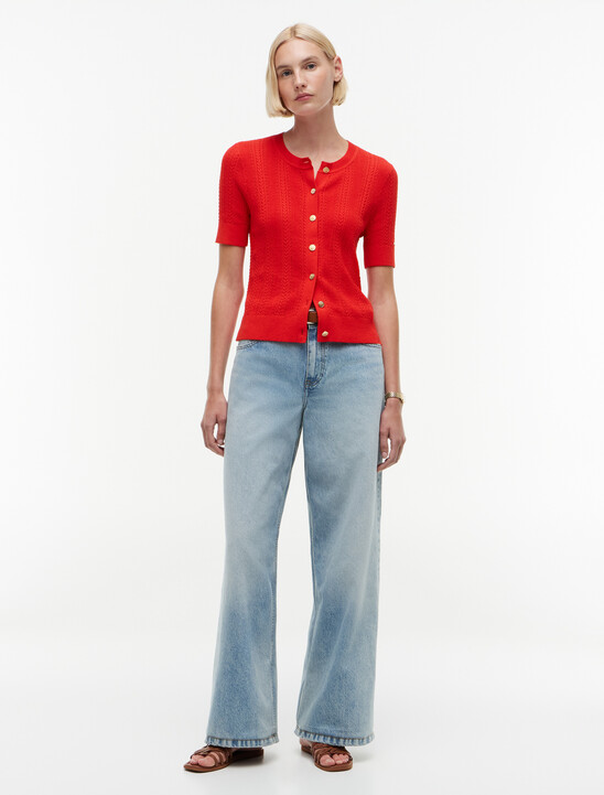 Pointelle Gold-Tone Button Short Sleeve Cardigan