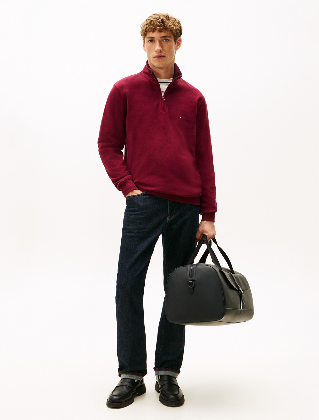 French Rib Knit 1/4 Zip Sweater, Deep Rouge, hi-res