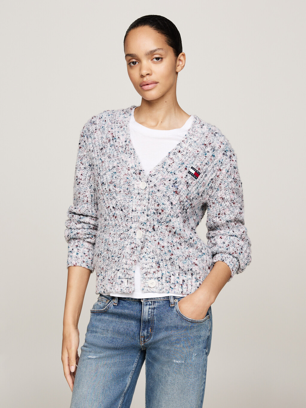 Tommy Badge Marled Relaxed Cardigan, Ancient White, hi-res