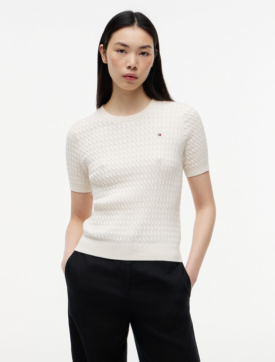 Fine Gauge Cable Knit Short Sleeve Jumper