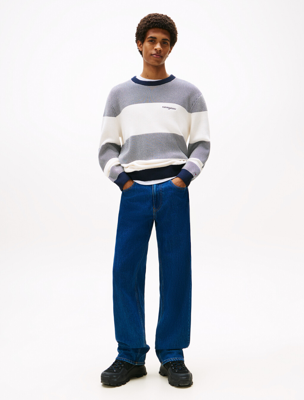 Textured Stripe Script Logo Sweater, Dark Night Navy Stripe, hi-res