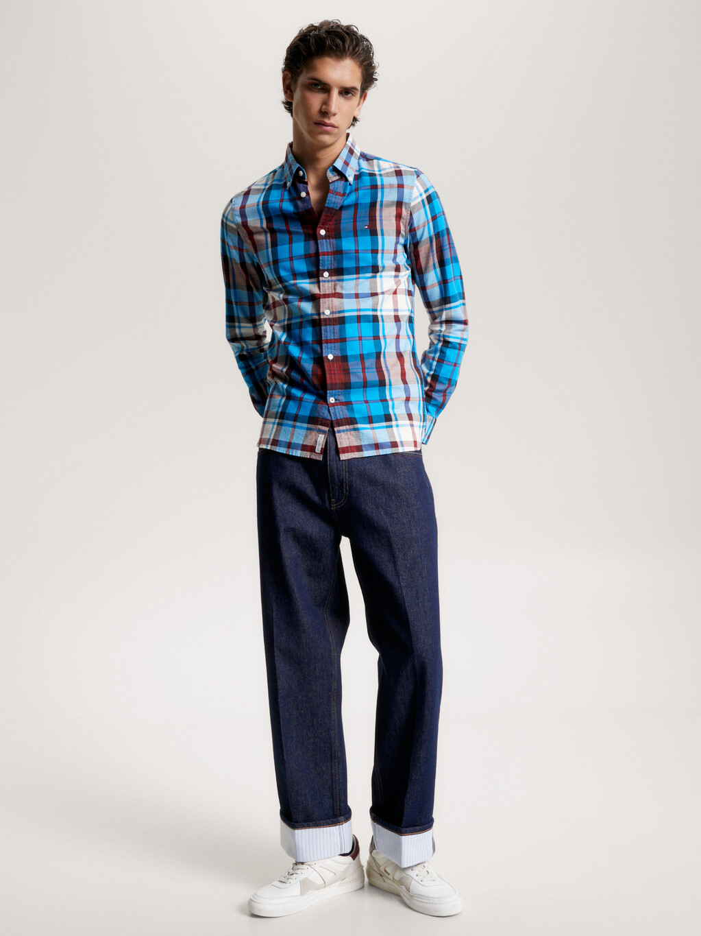 Tommy Tartan Slim Fit Oxford Shirt, Cerulean Aqua / Multi, hi-res