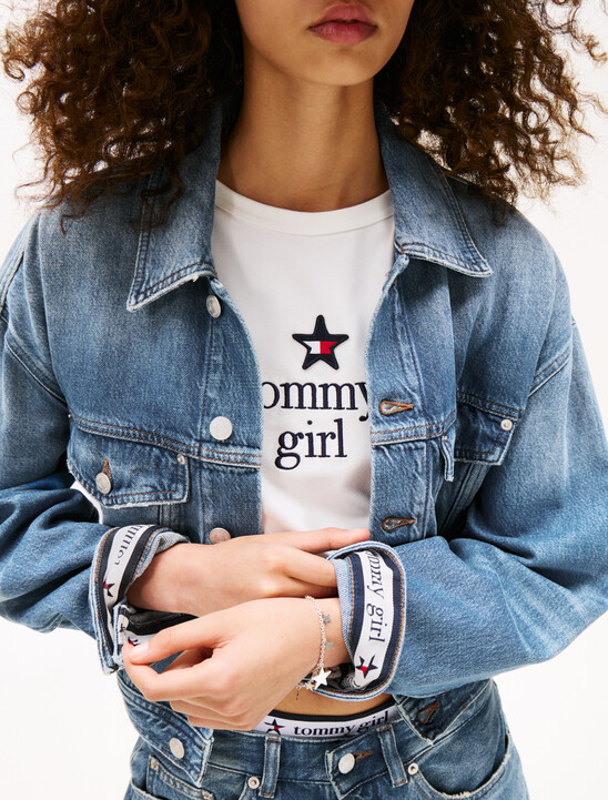 Tommy Girl Back Logo Cropped Oversized Denim Jacket