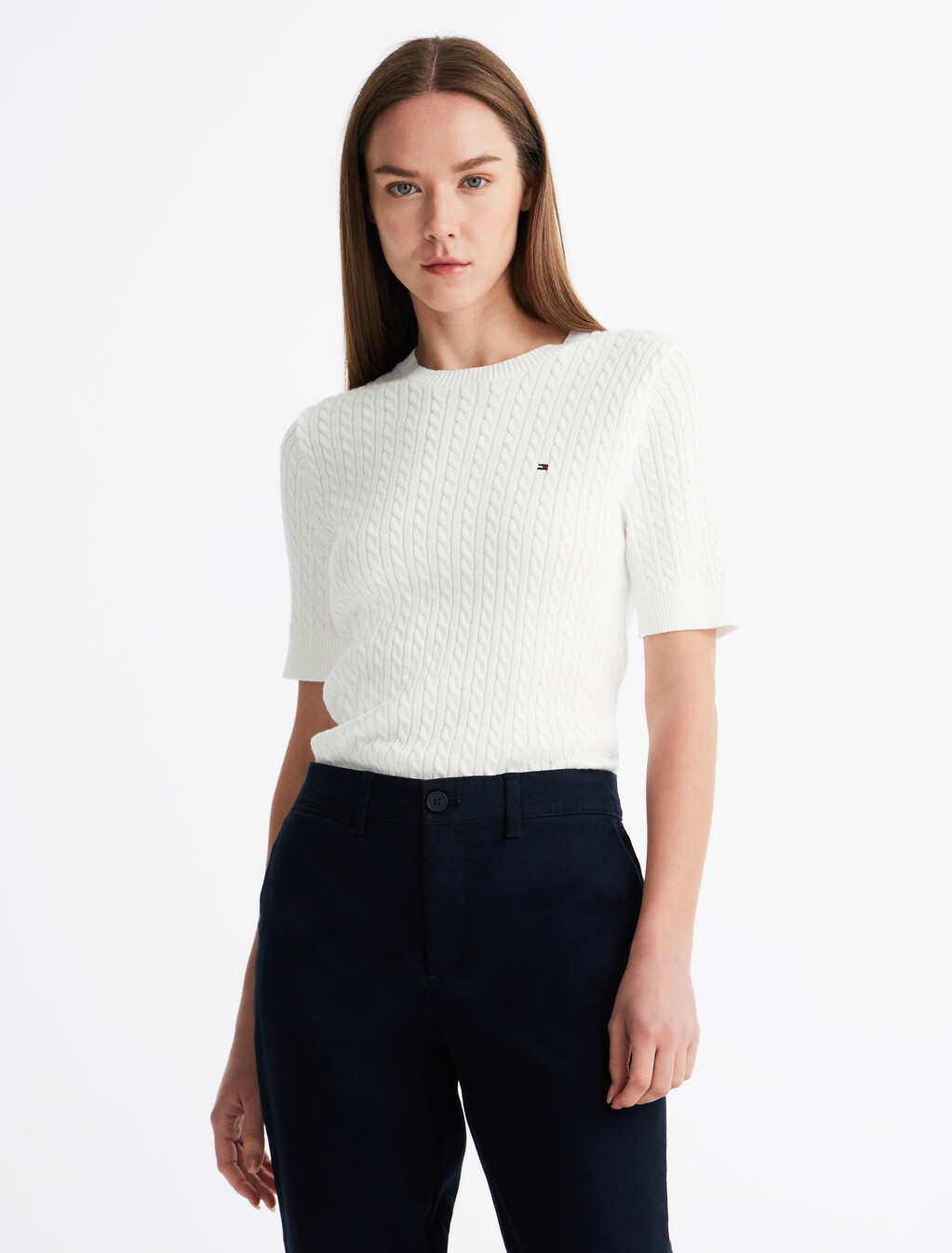 Cable Knit Short Sleeve Sweater, Ecru, hi-res
