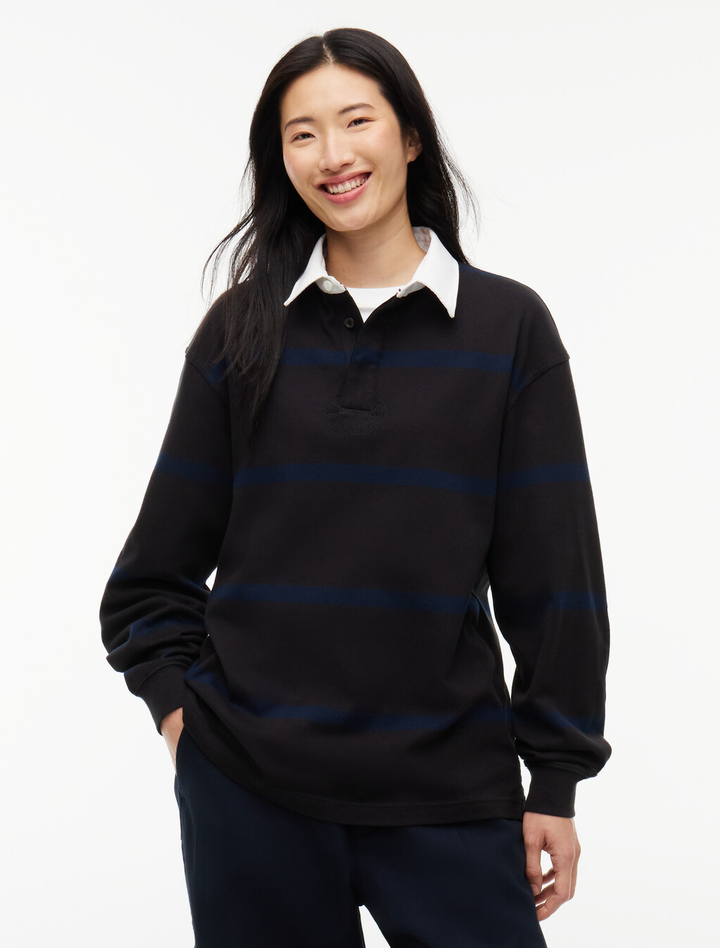 Stripe Jersey Rugby Shirt, Black / Navy Blue, hi-res