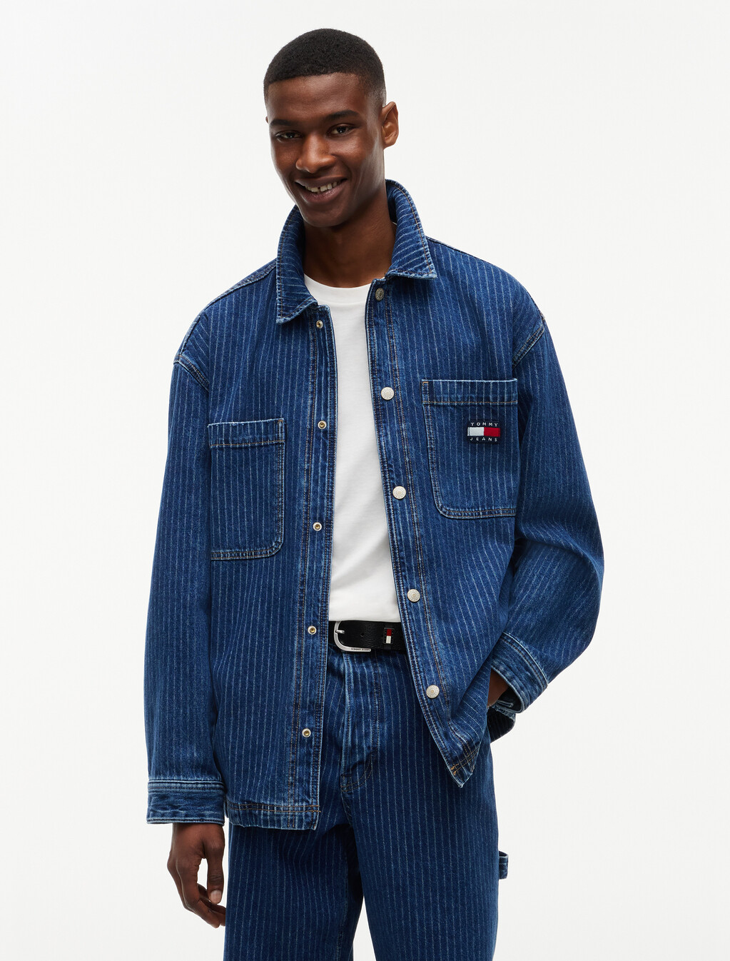 Stripe Relaxed Denim Shirt Jacket, Denim Dark, hi-res