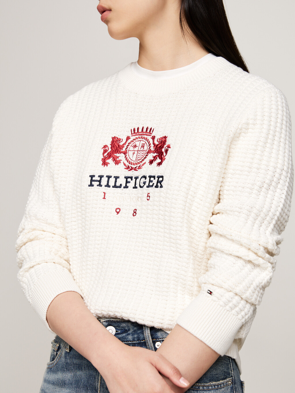 Embroidery Waffle Knit Jumper, Ivory Petal, hi-res