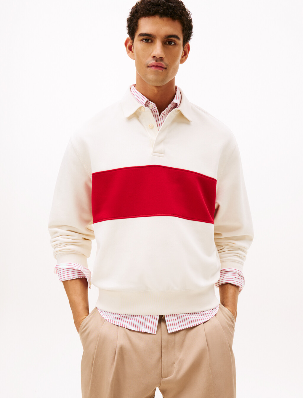 Colour-Blocked Rugby Jumper, Ivory Petal, hi-res