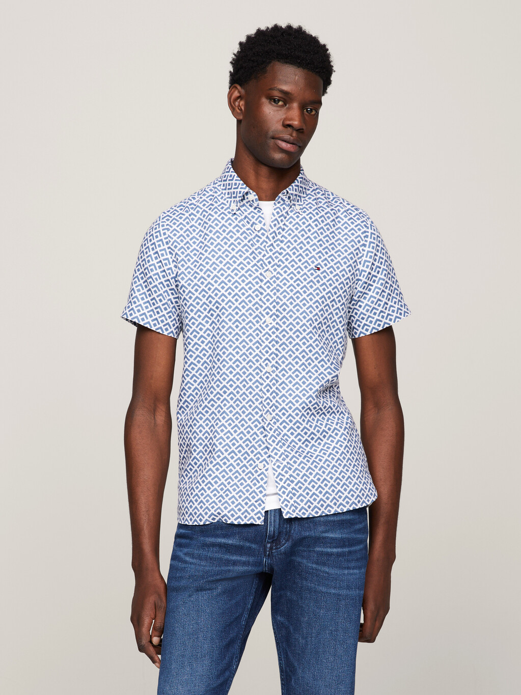 Geometric Print Slim Short Sleeve Shirt, Blue Coast / Optic White, hi-res