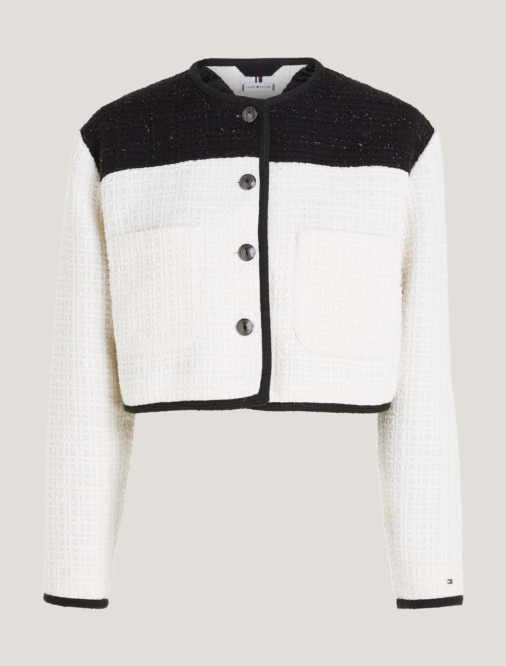 Two Tone Cropped Tweed Jacket, Ecru / Black Colorblock, hi-res