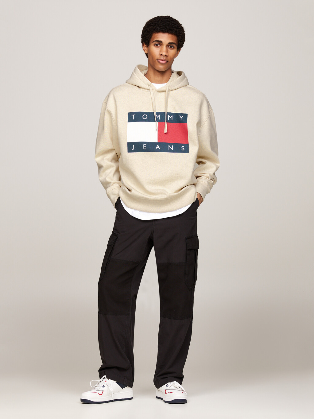 Tommy Flag Badge Mélange Relaxed Hoody, Ancient White Melange, hi-res