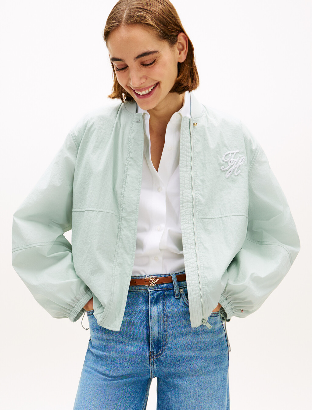 Logo Embroidery Balloon Sleeve Bomber Jacket, Silver Smoke, hi-res