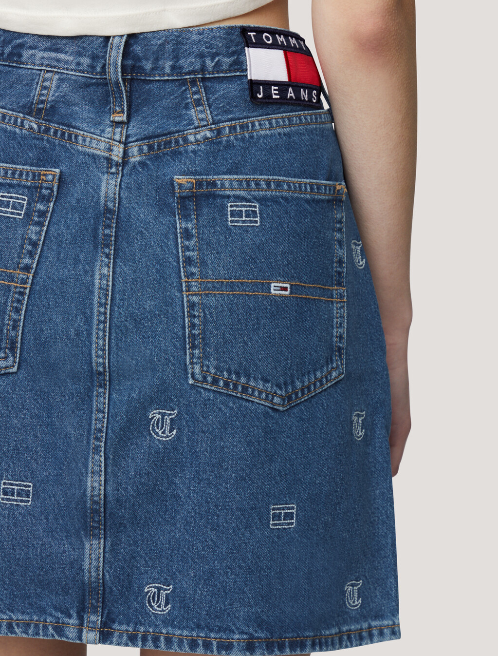 Embroidered Logo Ultra-High Rise Mom Skirt, Denim Medium, hi-res
