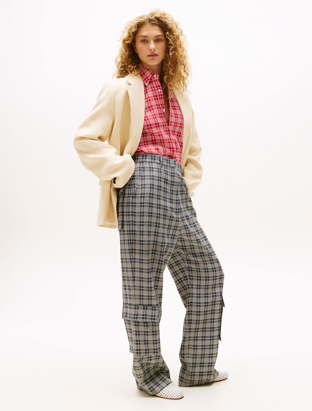 The Runway Collection Oversized Tailored Cargo Trousers, Navy Cream Check, hi-res