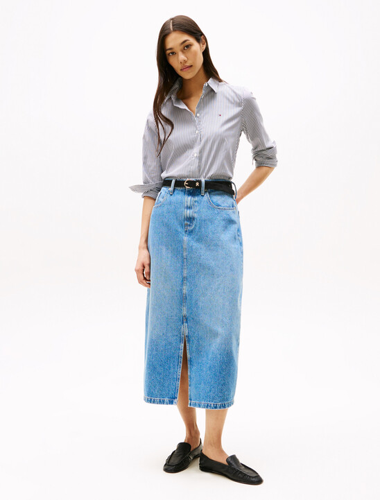 High Rise Denim Midi Skirt