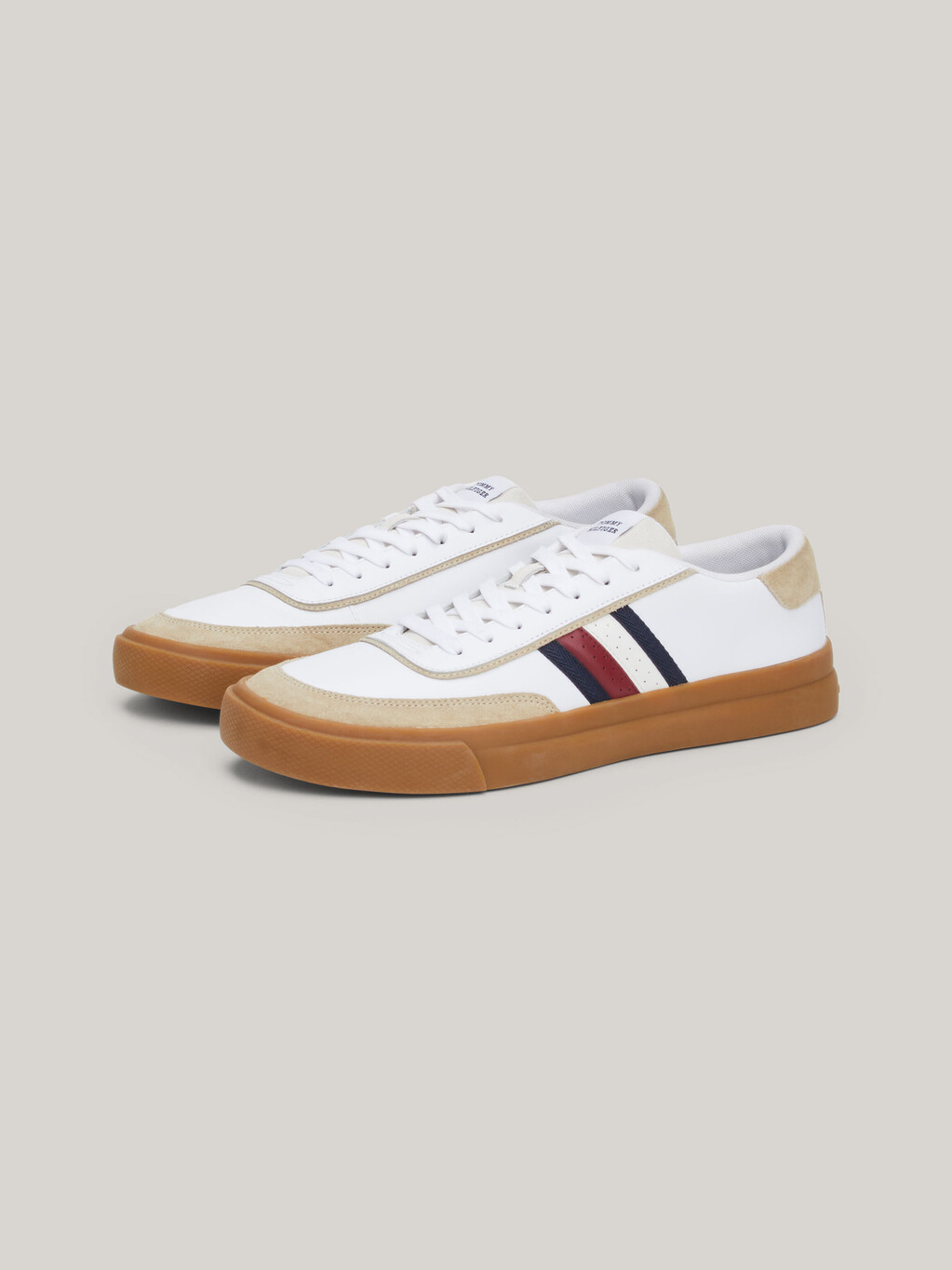 Mixed Texture Leather Cupsole Trainers, White, hi-res