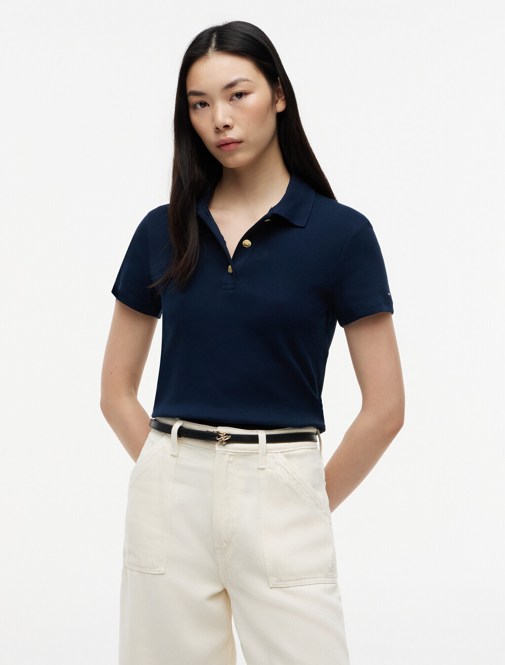 Slim Fit Gold-Tone Button Polo Shirt, Dark Night Navy, hi-res