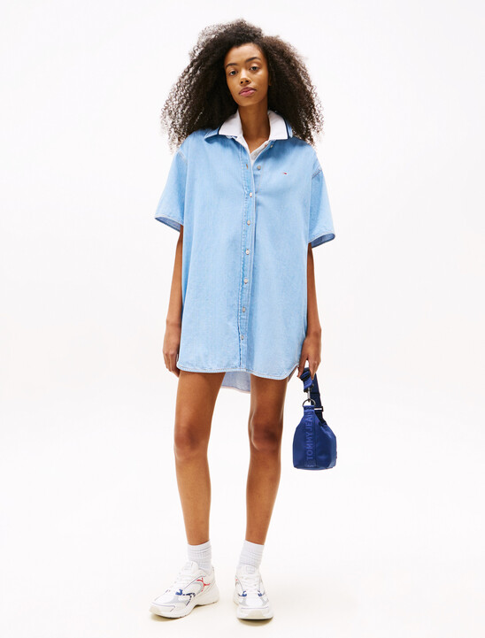 Mini Denim Short Sleeve Shirt Dress