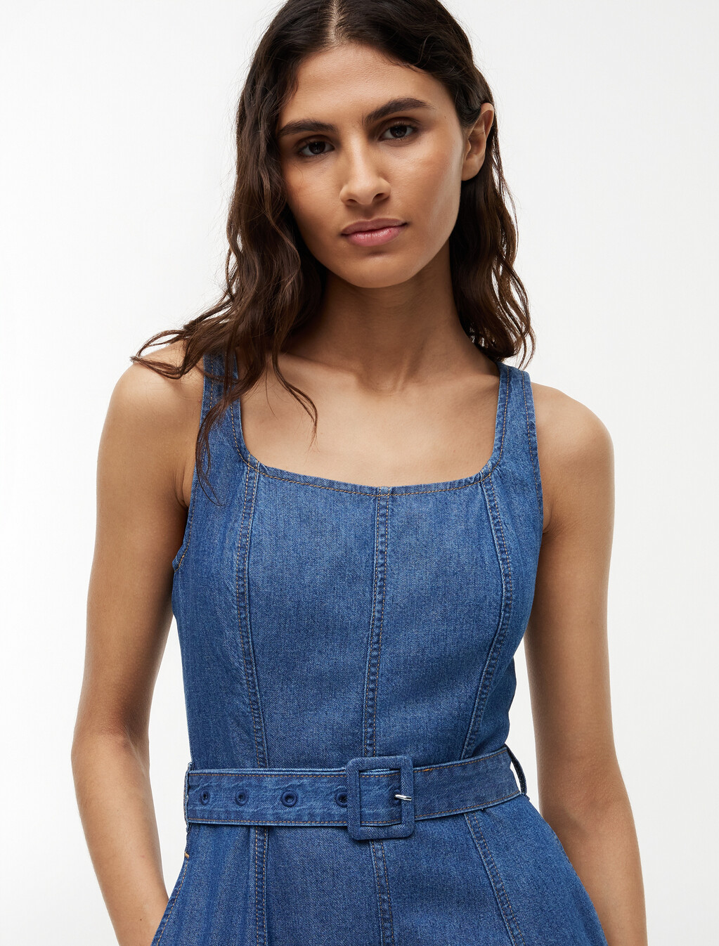 Belted Denim Fit And Flare Midi Dress, Tory Mid, hi-res