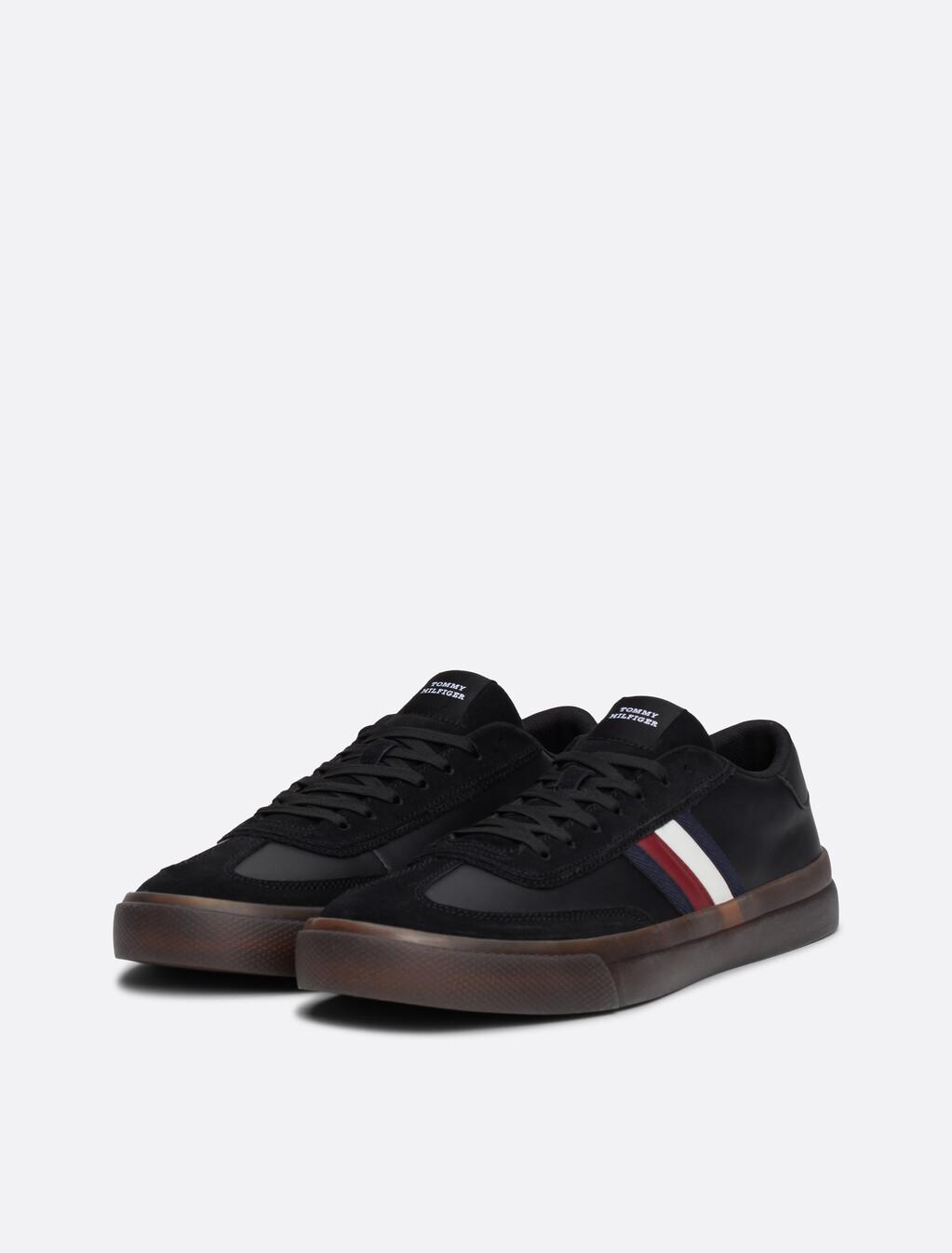 Leather Signature Tape Lace-Up Trainers, Black, hi-res