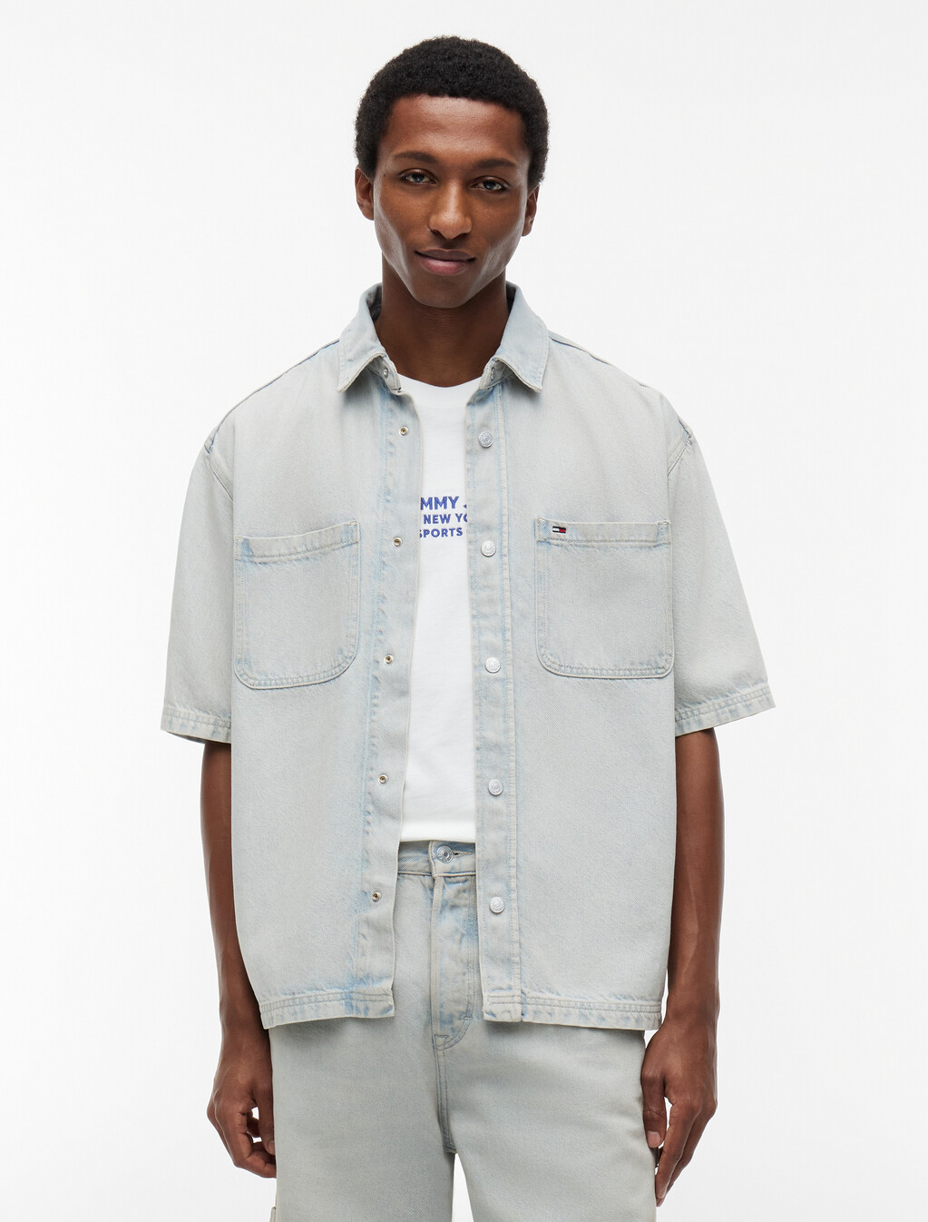 Short Sleeve Utility Denim Shirt, Denim Light, hi-res