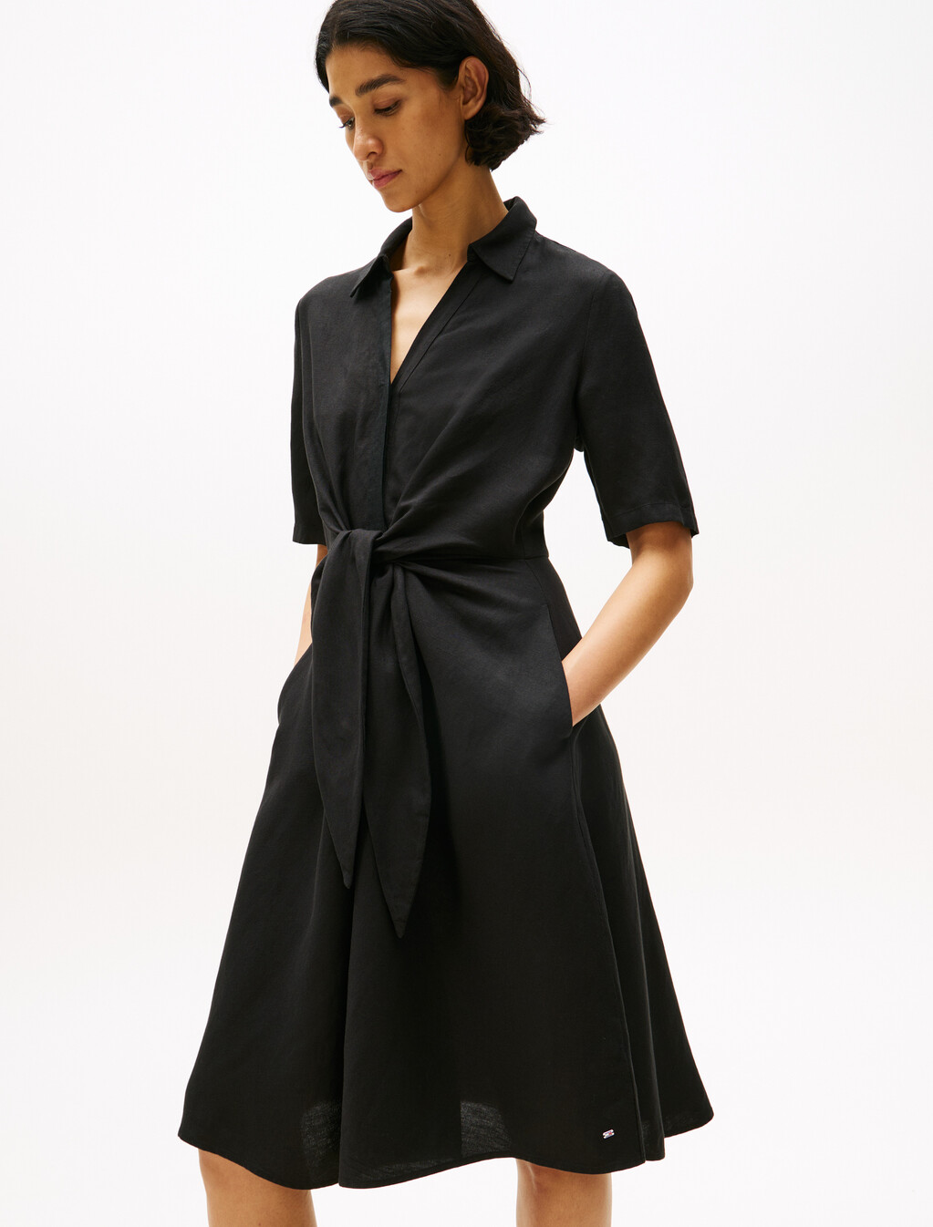 Linen Viscose Knot Dress, Black, hi-res
