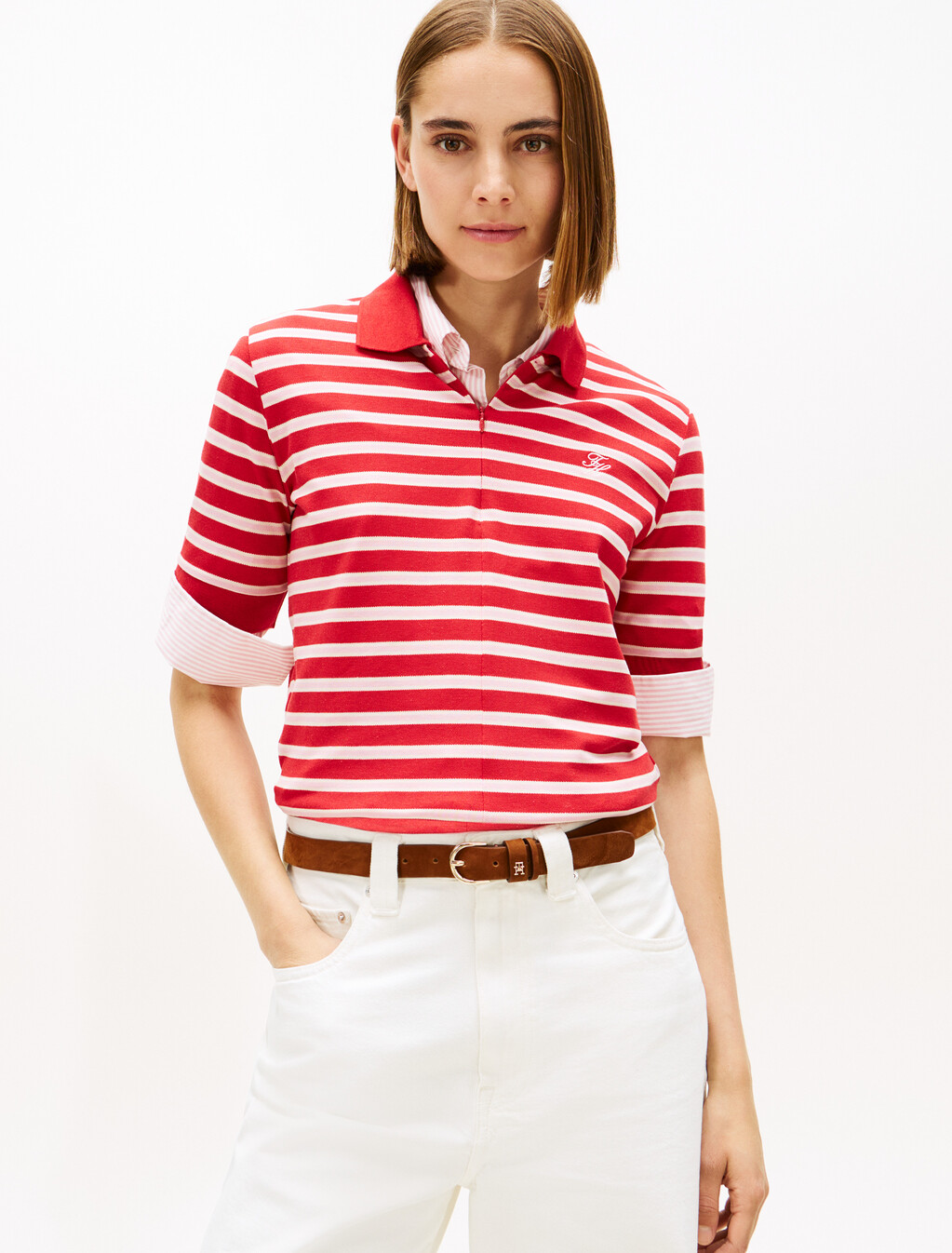 Regular Fit Pique Zip Polo Shirt, Primary Red/Bonita Pink/Calico Stp, hi-res