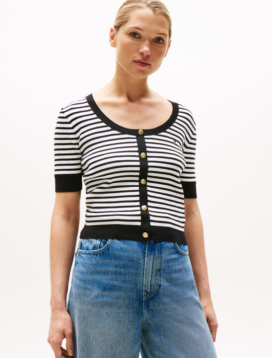 Stripe Short Sleeve Scoop Neck Cardigan