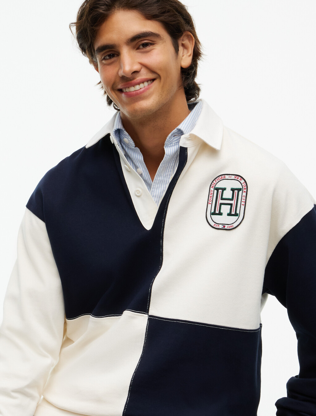 Varsity Colour-Blocked Relaxed Rugby Shirt, Ivory Petal, hi-res