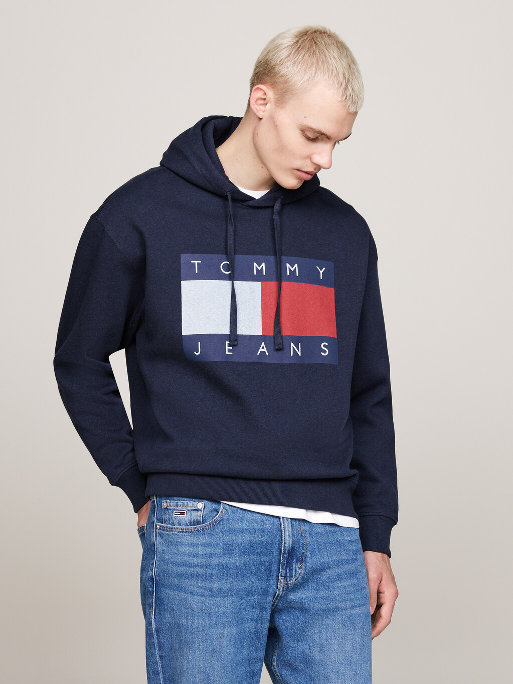 Tommy Flag Badge Mélange Relaxed Hoody, Dark Night Navy Melange, hi-res