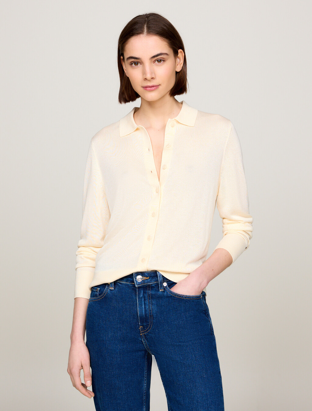 Fine Knit Collared Cardigan, Calico Sweaters, hi-res