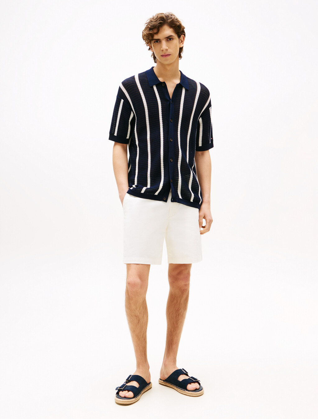 Vertical Stripe Open Knit Shirt, Ivory Petal / Desert Sky, hi-res