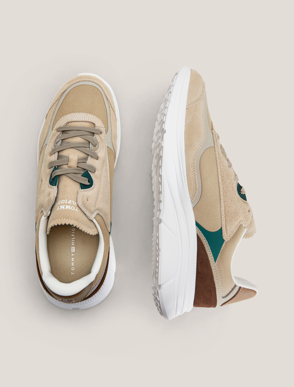 Suede Logo Debossed Runner Trainers, Beige, hi-res