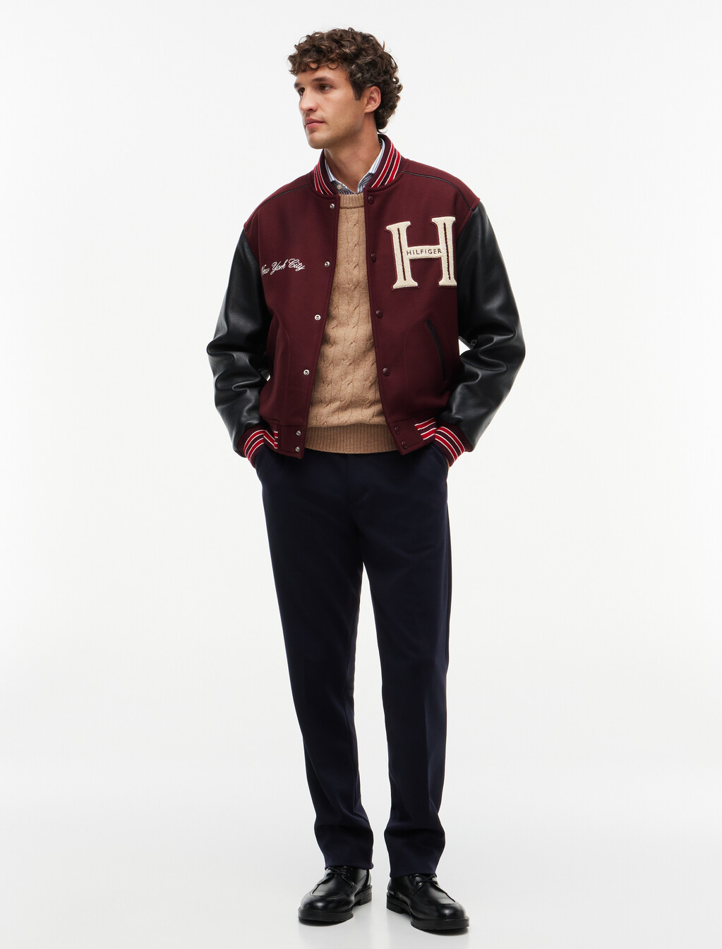 Wool Blend Varsity Jacket With Cashmere, Burgundy Velvet, hi-res