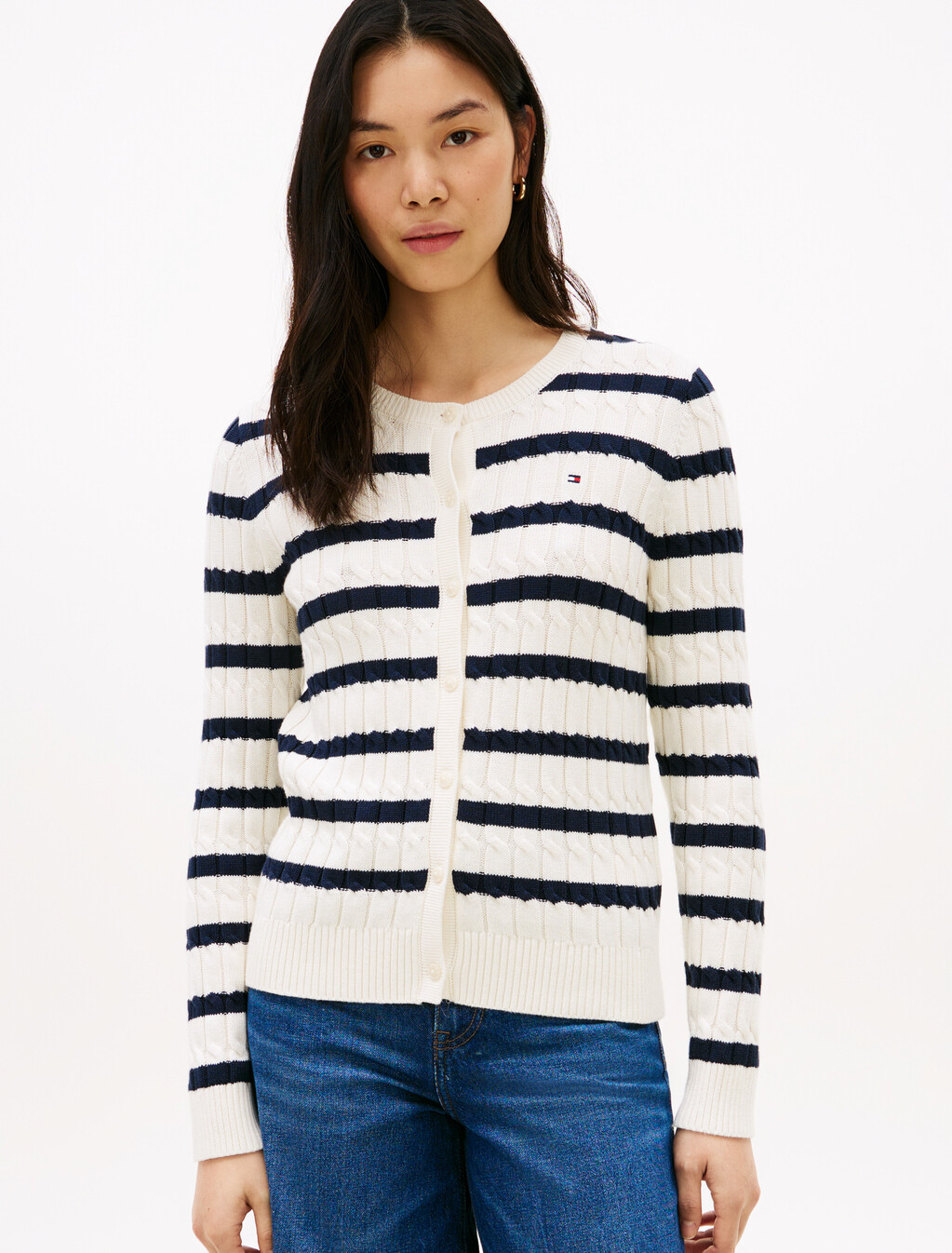 Mid-Gauge Cable Knit Round Neck Cardigan, Ivory Petal/Dark N Navy Stp, hi-res