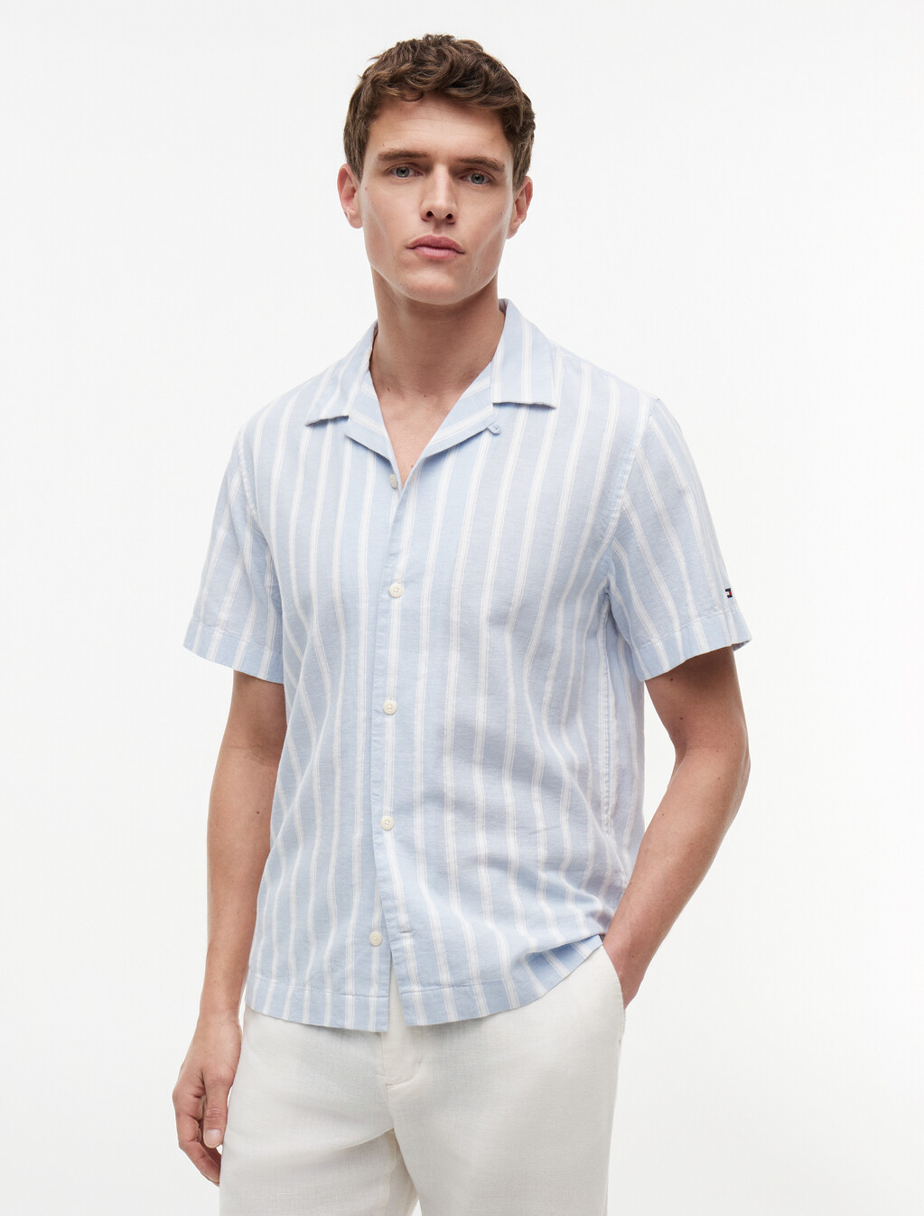Linen Blend Textured Stripe Short Sleeve Shirt, Sweet Blue / Stripe, hi-res