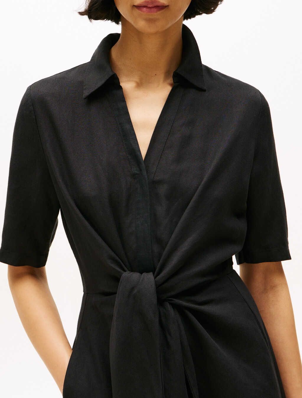 Linen Viscose Knot Dress, Black, hi-res