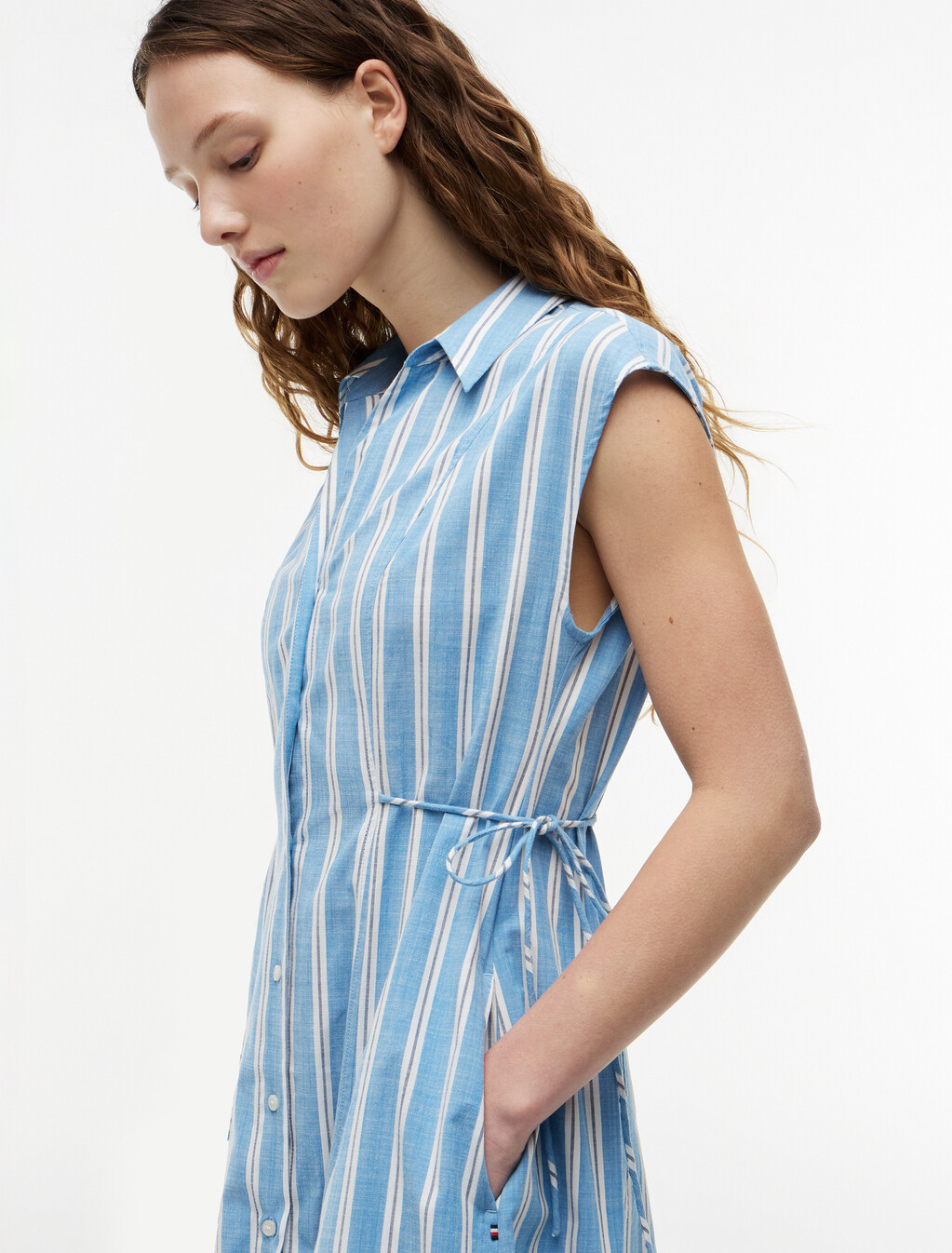 Tie Detail Cap Sleeve Midi Shirt Dress, Liquorice Stripe Breeze Blue, hi-res